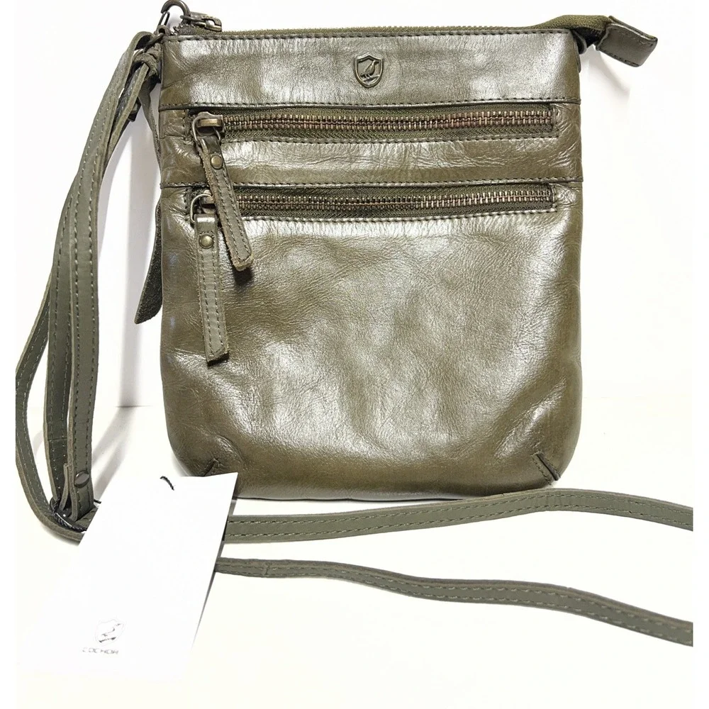 COCHOR Olive Green Soft Leather Crossbody Purse Travel Bag Adjustable Strap NWT